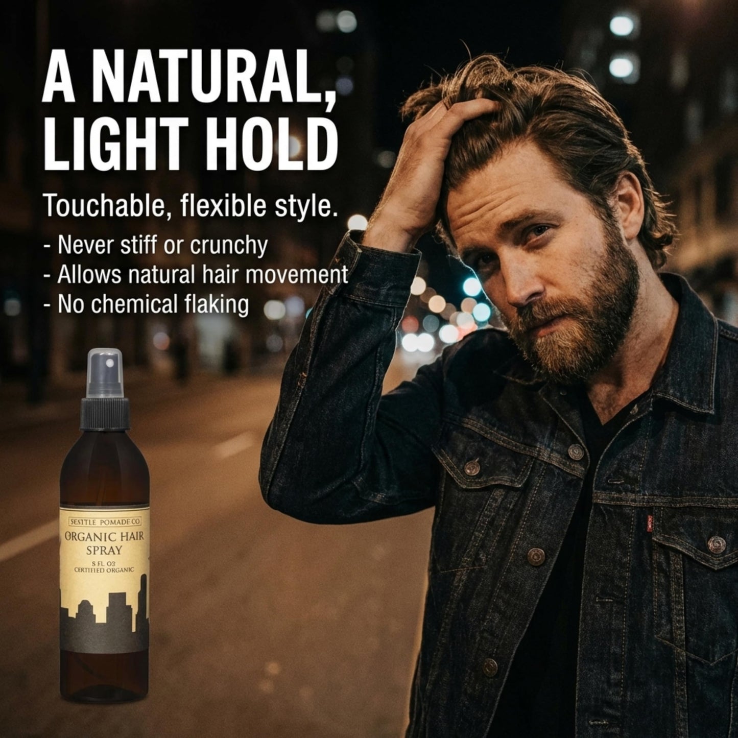 Seattle Pomade Co. Certified Organic Hair Spray made with Organic Aloe and Acacia Fiber. Strengthens & Lightly Holds Hair. Globally sourced certified organic materials.