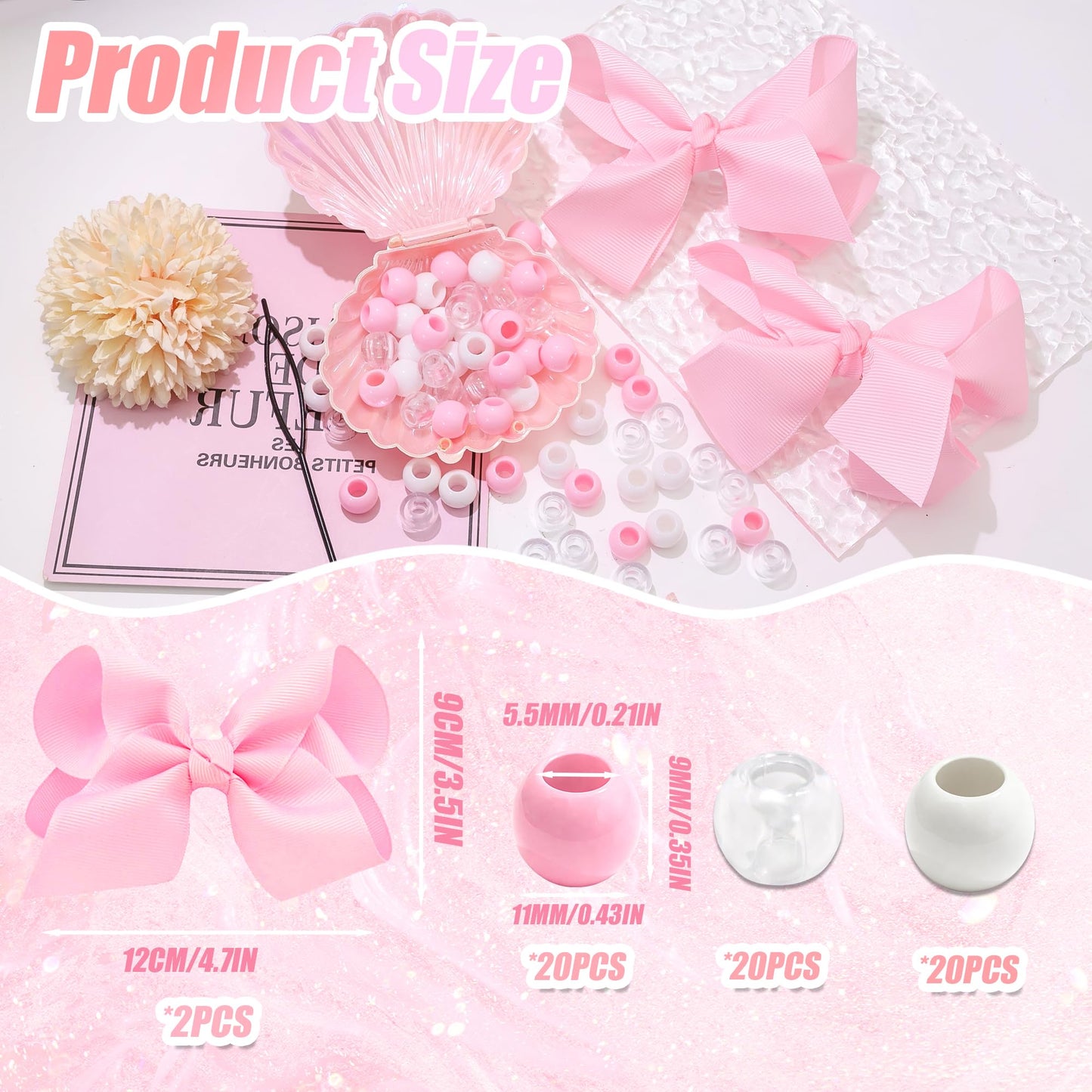 NAISKA 62PCS Pink Valentine's Day Hair Beads 4.7inch Bow Hair Clips Cute Beads for Hair Braids Kids Girls Hair Bow Braids Jewelry Loc Accessories for Kids Girls