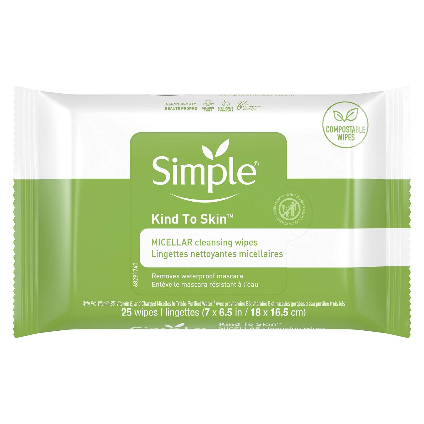 Simple Kind to Skin Cleansing Wipes Gentle and Effective Makeup Remover Micellar Free from color and dye, artificial perfume and harsh chemicals 25 Wipes