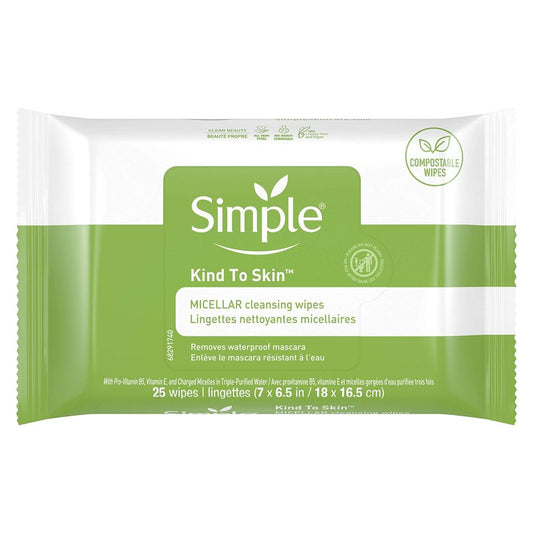 Simple Kind to Skin Cleansing Wipes Gentle and Effective Makeup Remover Micellar Free from color and dye, artificial perfume and harsh chemicals 25 Wipes