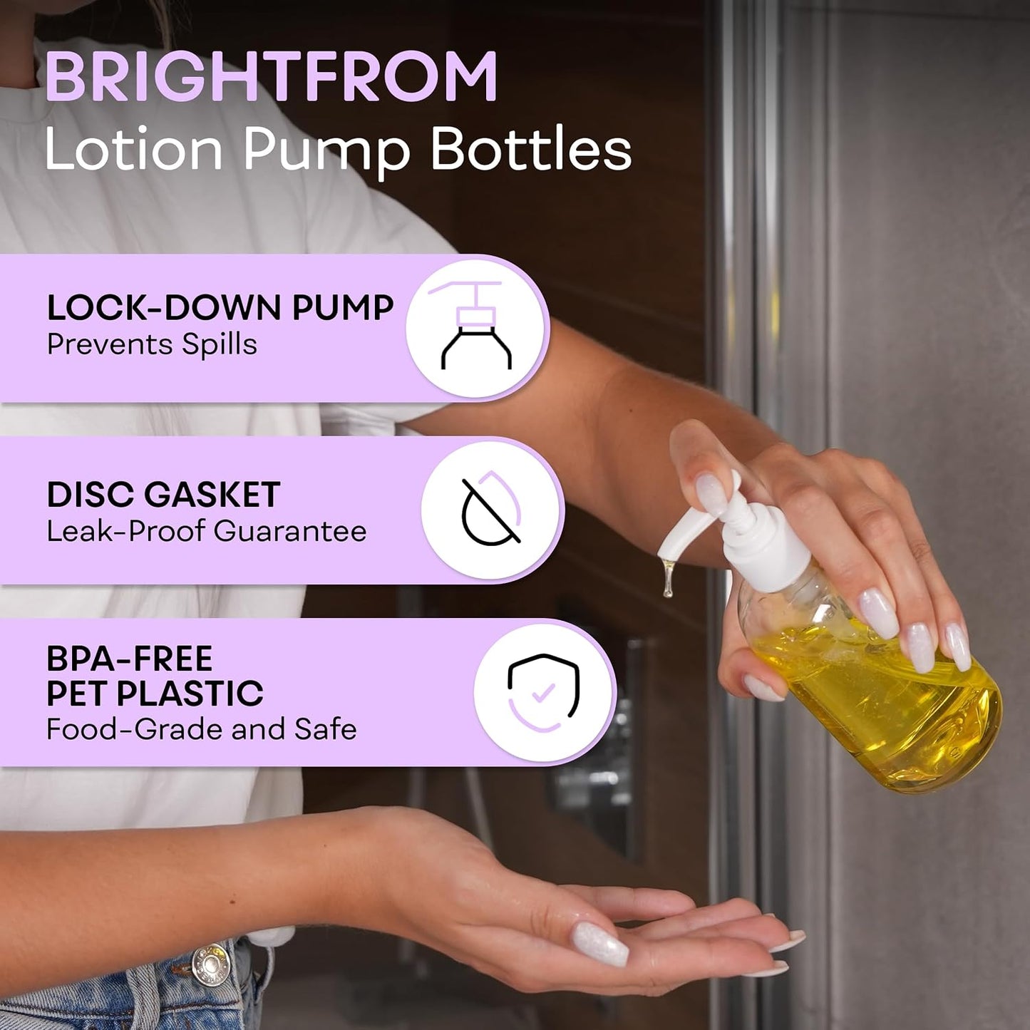 Plastic Pump Dispenser Bottles - 8 OZ BPA-Free Refillable Containers for Body Wash, Moisturizer, Face Cream | Clear/White - 2 Pack