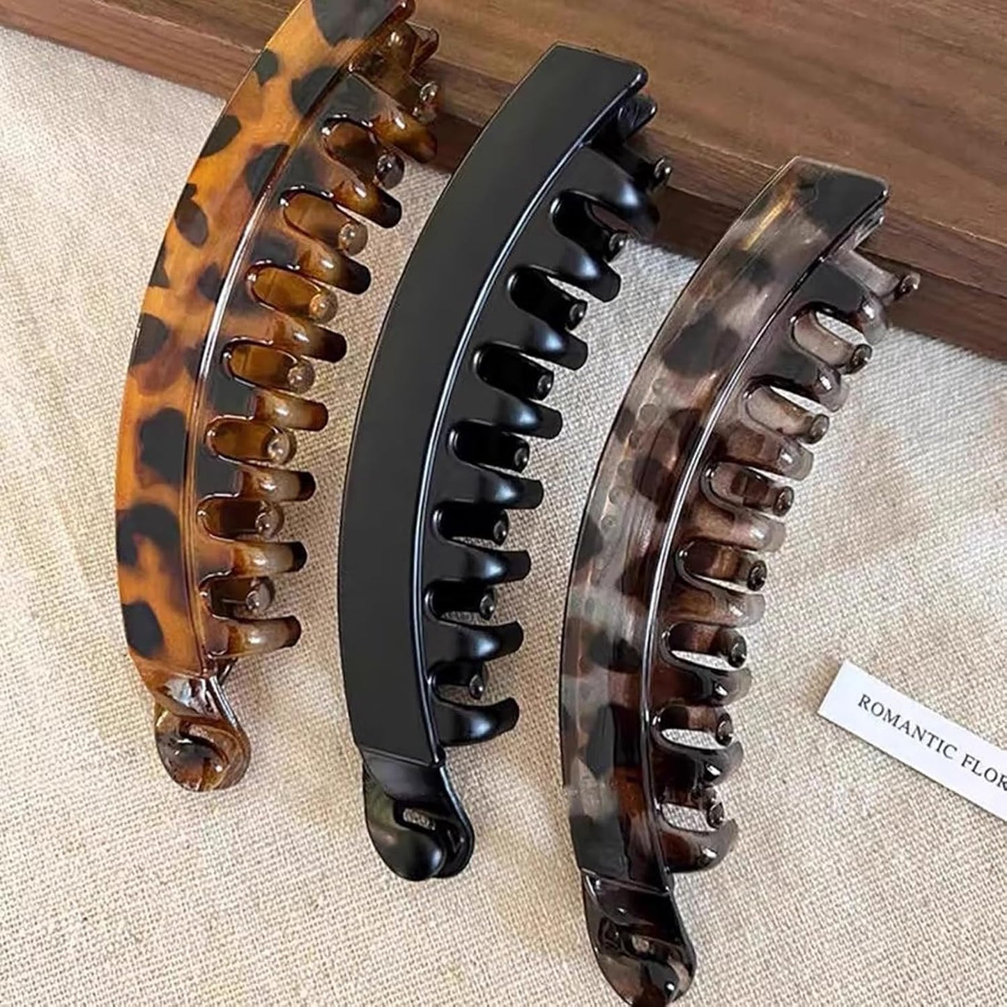 Large Banana Hair Clips - 3pcs Anti-Slip Claw Clips for Strong Hold | Black, Brown, Khaki & Leopard Print
