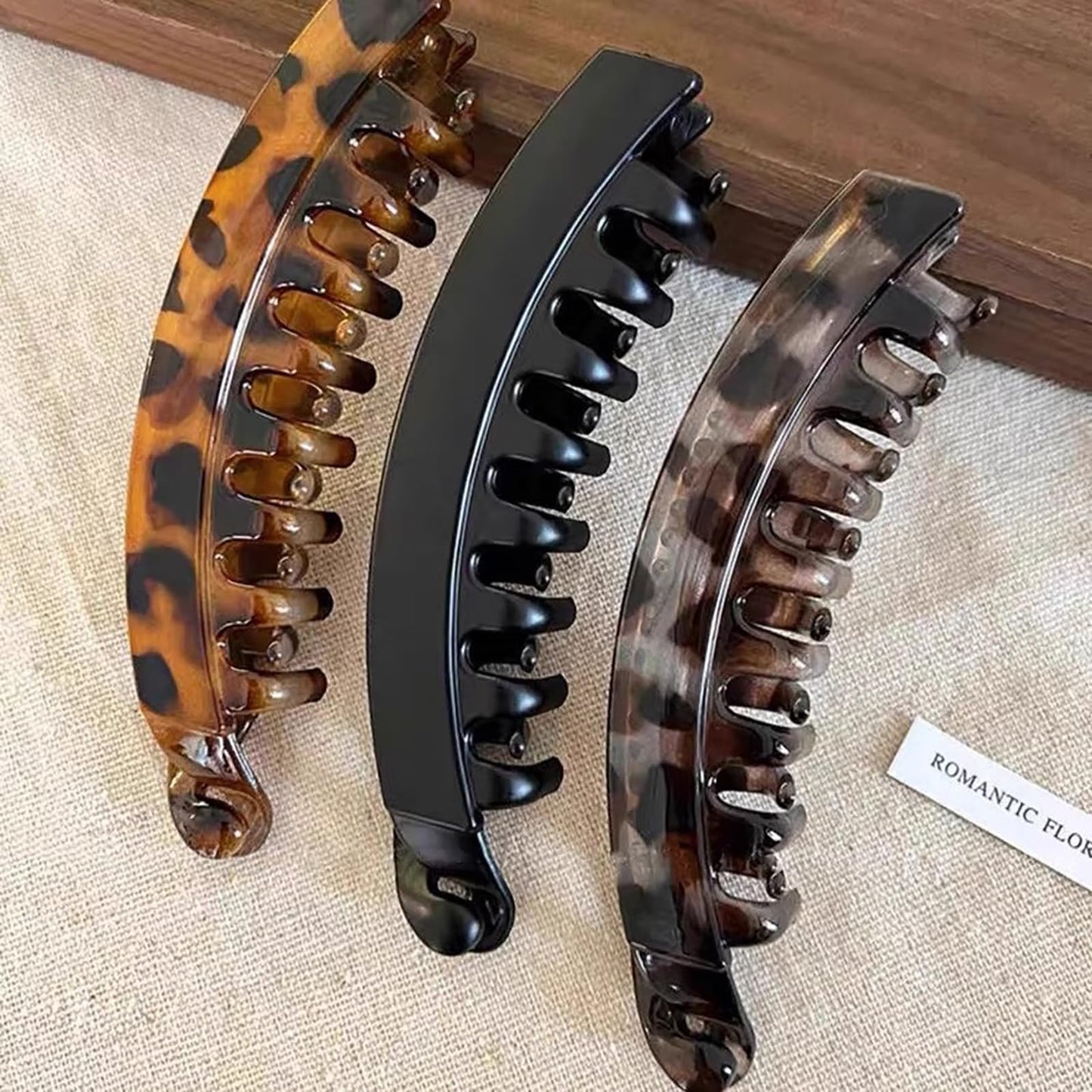 3pcs Large Bbanana hair clip - Anti Slip Vertical Banana Claw Clips Strong Hold High Ponytail Grab Clip Fixed Artifact, Black Brown Khaki Leopard Print Hair Clips Accessories for Women Decoration