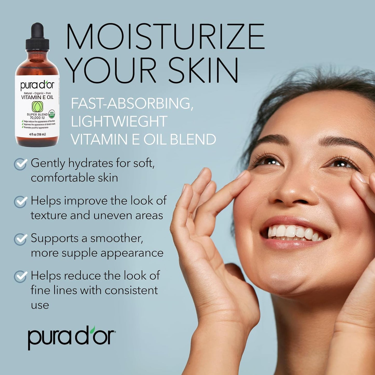 PURA D'OR Organic Vitamin E Oil - 70,000 IU Ayurvedic Skin Care | Lightweight Moisturizer for Face & Body