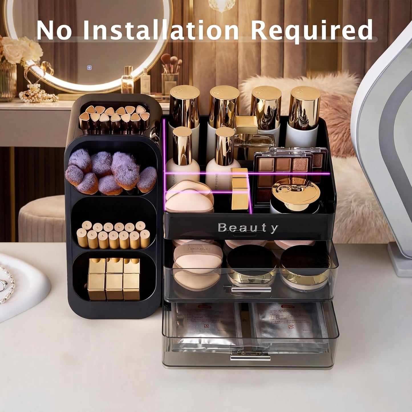 Makeup Organizer for Vanity - Spacious Countertop Storage with Brush Holder & Drawers | Ideal for Cosmetics & Skincare