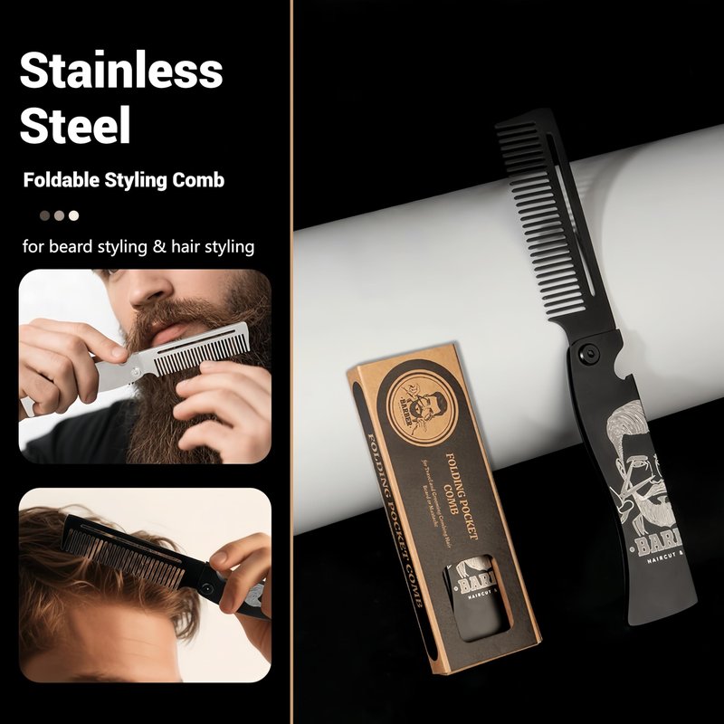 Men's Metal Folding Pocket Beard & Mustache Comb, EDC Knife Comb with Bottle Opener for Outdool Travel - Anti-Static for Hair Styling Pompadour, Slicked-back, Fauxhawk, Undercut - Black