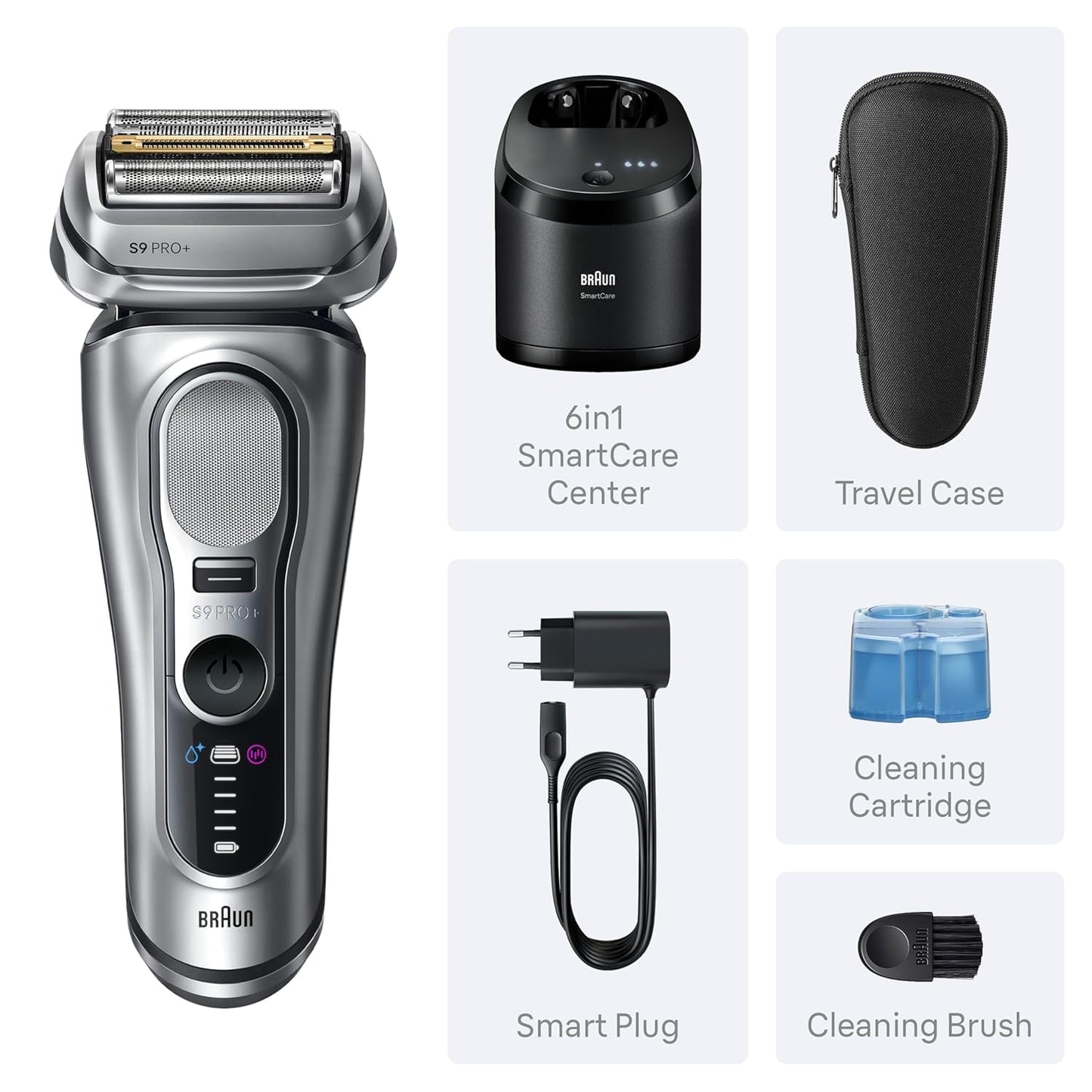 Braun Electric Razor for Men - Series 9 PRO+ Foil Shaver with Precision Trimmer | SmartCare Center, Silver, 9667cc