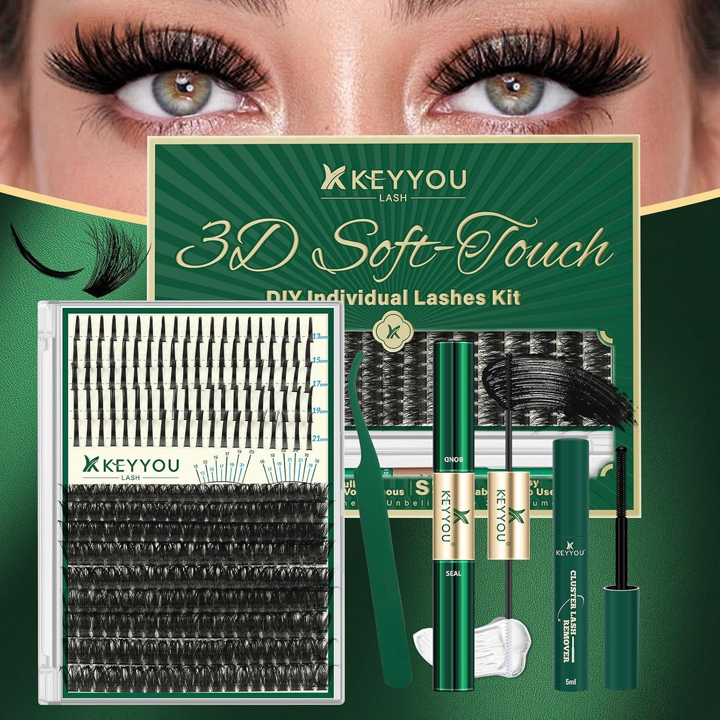 KEYYOU 3D Eyelash Clusters - 280pcs Wispy Volume Lashes | 80D D Curl, 9-18mm Mix