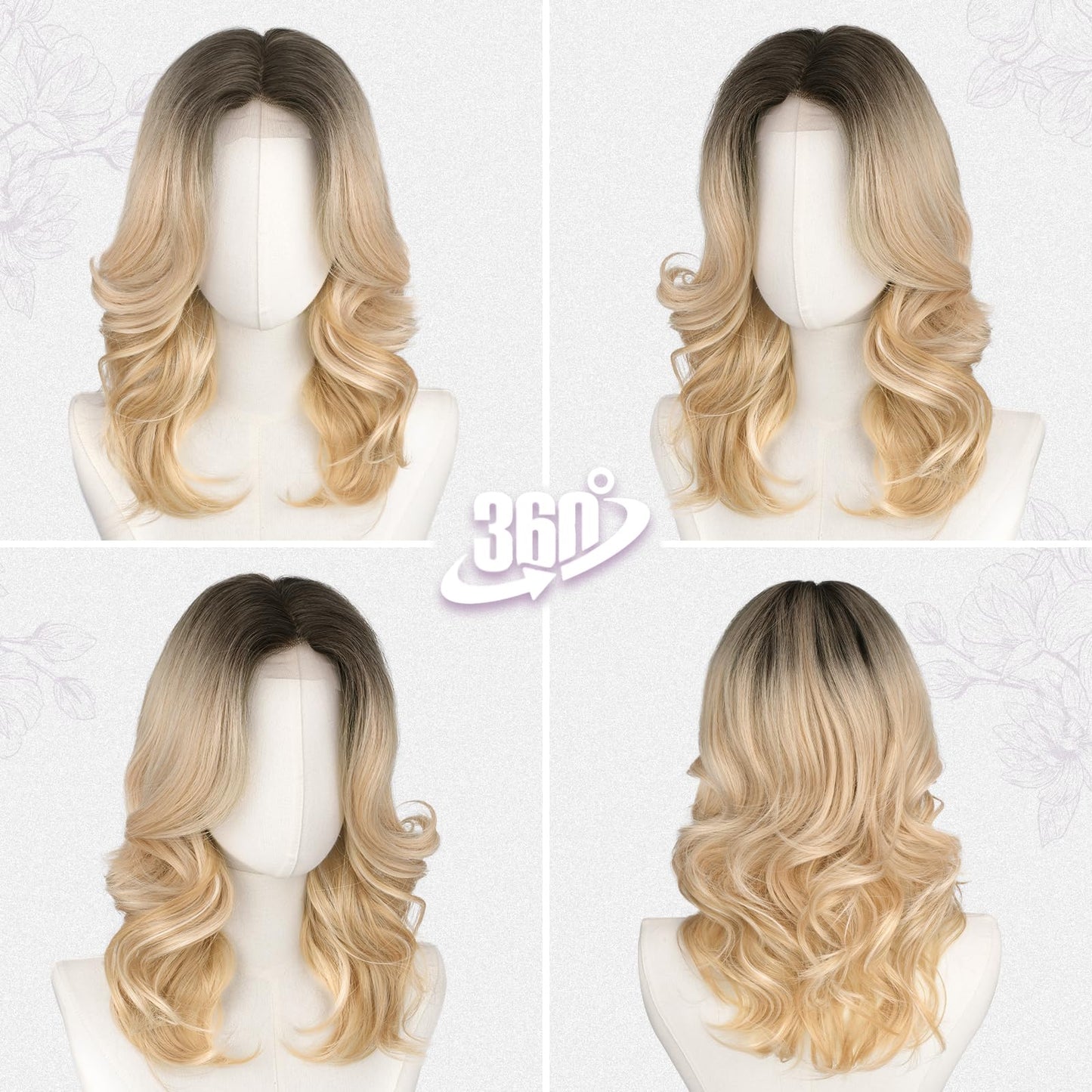 BARSDAR Short Wavy Layered Blonde Ombre Wig - Shoulder Length Wavy Ombre Blonde Wigs for Women - Short Body Wave Layered Wig with Face-Framing Curtain Bangs Soft Synthetic Natural Looking Daily Party