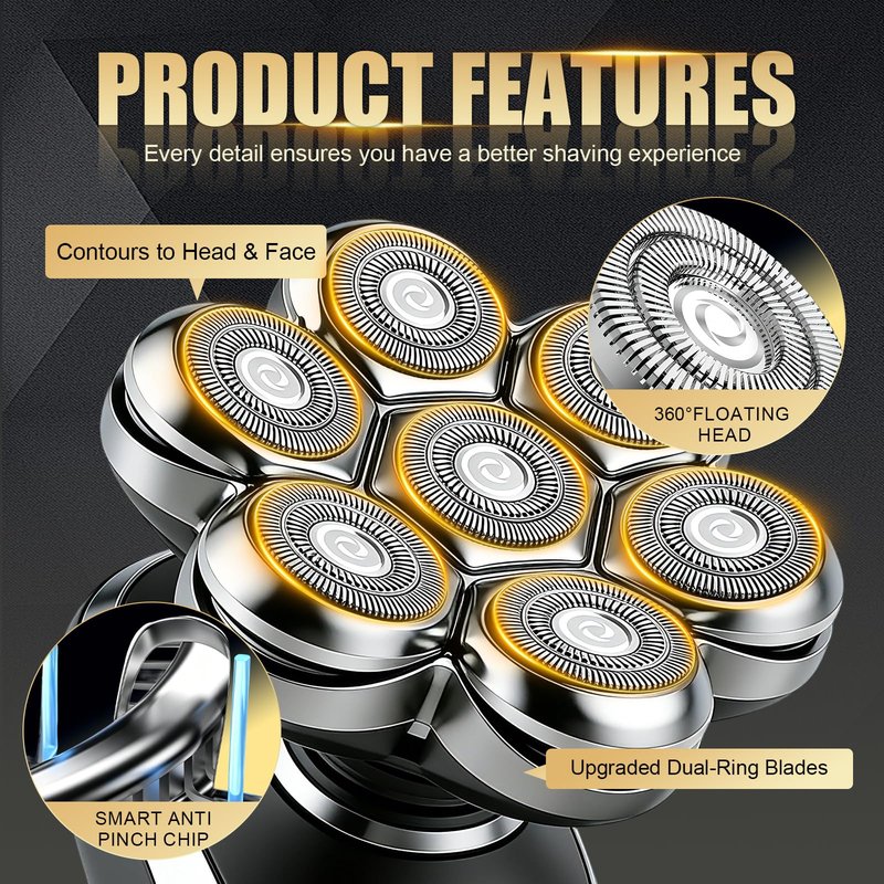 7 Blade Floating Replacement Shaving Head, Washable Shaver Blade Heads Compatible with Freebird, Replacement for Head Shaver, Wet & Dry for Rotary Shavers with 3 Cleaning Brush, Silver（3 Pack）