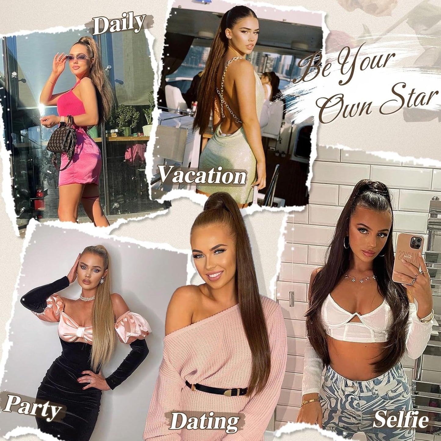 Long Straight Ponytail Extension - 26 Inch Brown Synthetic Clip-In Hairpiece for Women | Light Brown Mixed