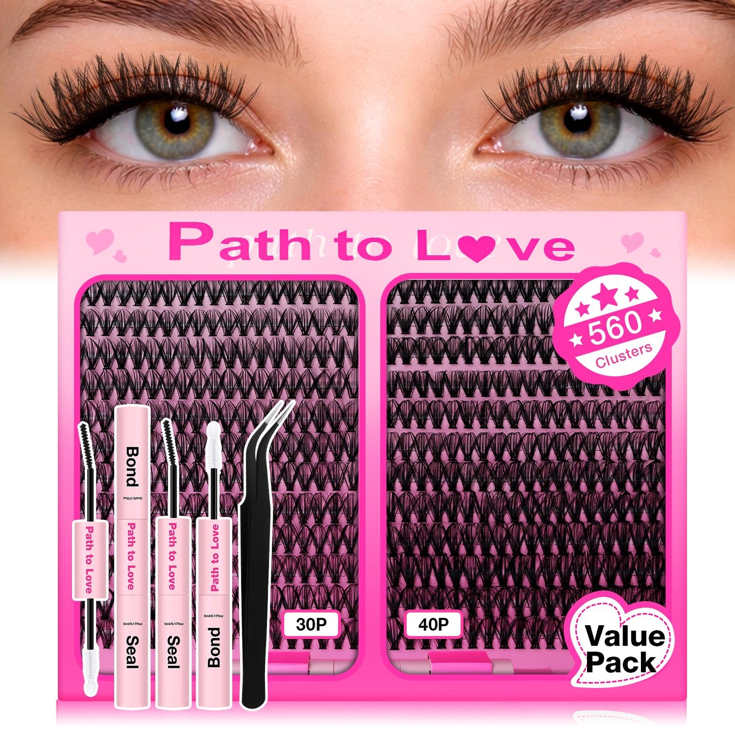 560pcs Lash Clusters Kit with Bond, Seal and Tweezers, Natural False Eyelashes Kit, 9-16mm D Curl 30D+40D Wispy Cluster Lashes, Individual Eyelash Extensions for Beginners At Home