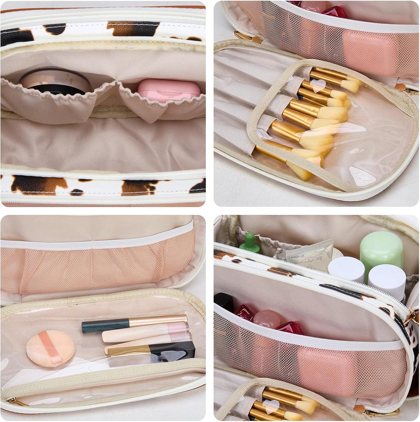 Large Makeup Bag - Travel Toiletry Organizer with Divider & Handle | Cowprint Design for Women