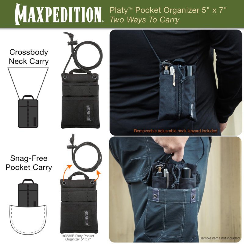 MAXPEDITION Platy Pocket Organizer, Durable EDC Tool Pouch for Men, Neck Wallet with Paracord Lanyard, Holds Flashlight, Multitool, Pen, Notebook (Black, 5" x 7")