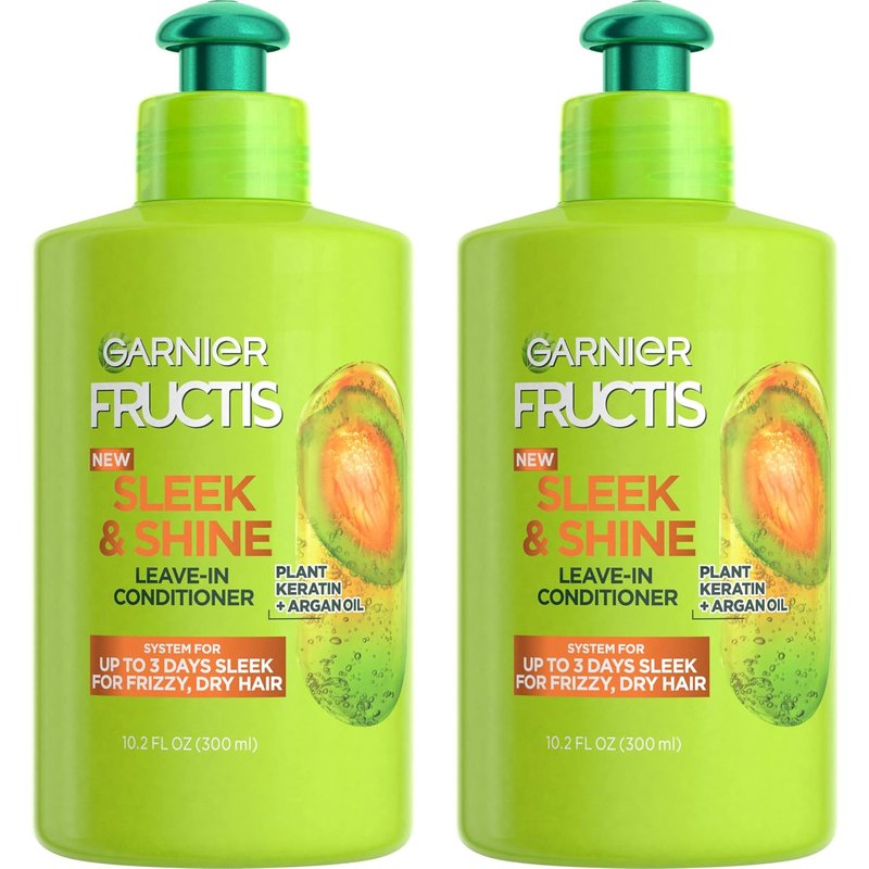 Garnier Fructis Sleek & Shine Leave-In Conditioner - Smooths Frizzy Hair with Plant Keratin & Argan Oil | 10.2 Fl Oz (Pack of 2)