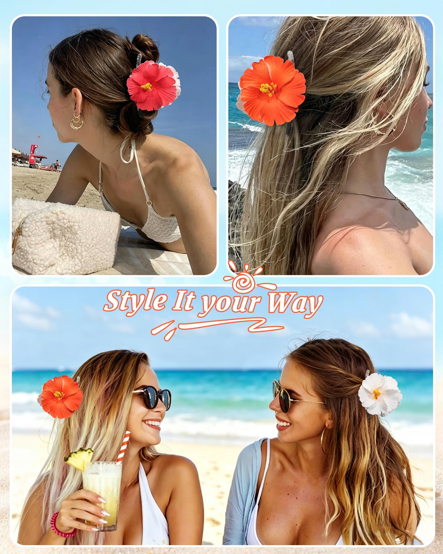 Molans Hawaiian Flower Hair Clips for Women - 3Pcs Artificial Flower Head Claws, Plumeria Hibiscus Hairclip for Wedding Beach Party, Cute Summers Tropical Flowers Clip for Thick Hair