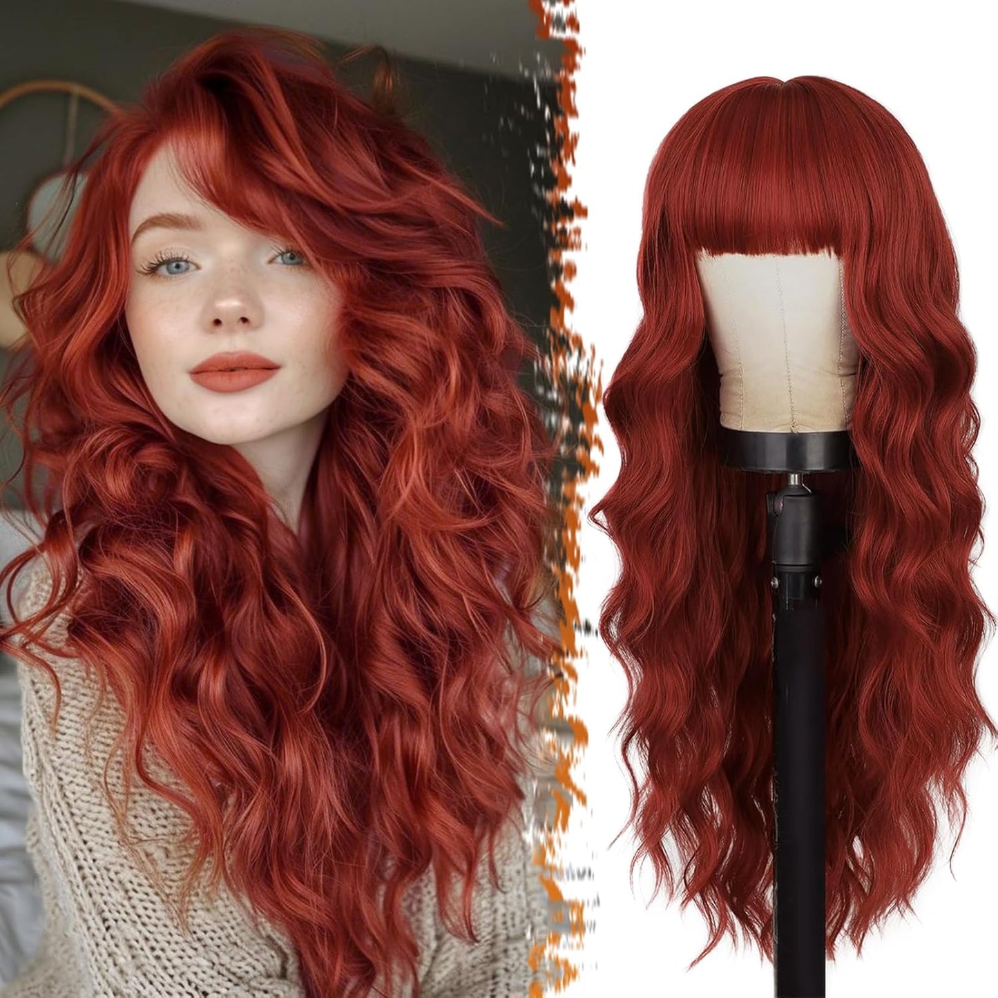 Long Wavy Blonde Curtain Bangs Wig - 26" Synthetic Ombre Wig with Dark Roots | Soft Natural Look