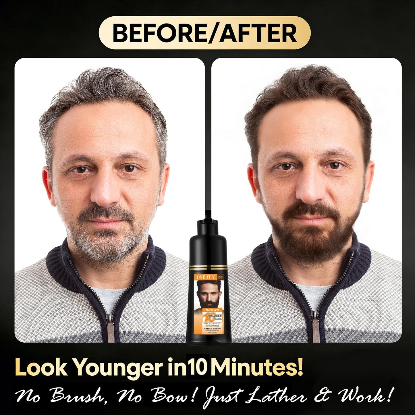 Beard Dye For Men, 10-Minute Instant Gray Coverage, 3 in 1 Brown Mens Beard & Mustache Dye Shampoo with 4-6 Weeks Lasting Color, Nourishing with Argan Oil & Noni Fruit, No-Mess Application 6.76 Fl Oz