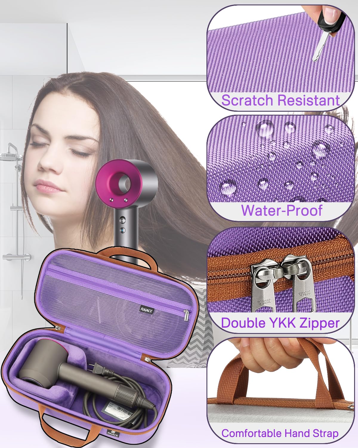 RAIACE Hard Storage Case Compatible with dyson Hair Dryer, Travel Carrying Bag. (for sale is case only). - Purple