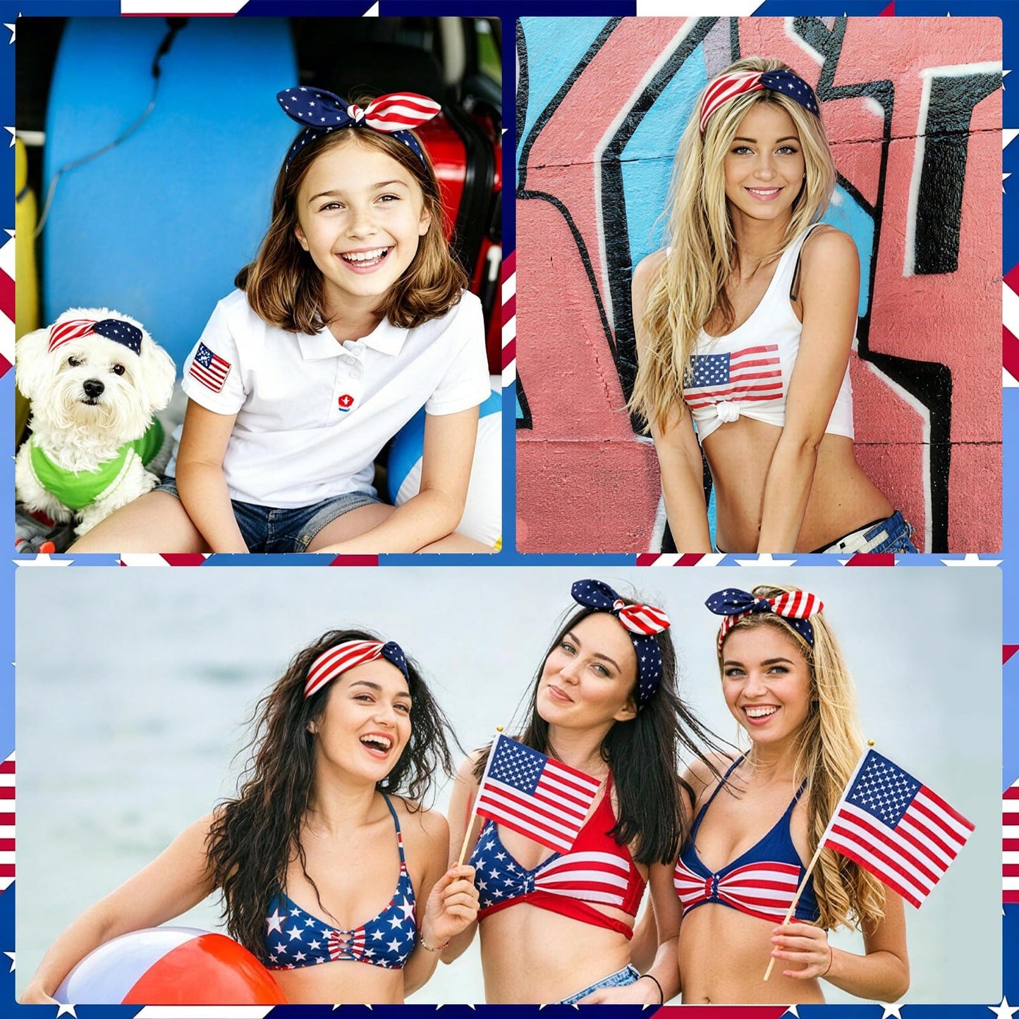 FEBSNOW 3 Pack 4th of July Headband, American Flag Knotted Headband