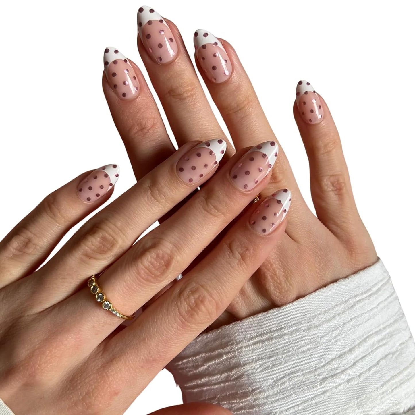 Press On Nails - Chrome Pink Polka Dot French Tip | Short Almond, 30 Nails in 15 Sizes with Glue, Reusable Salon Quality