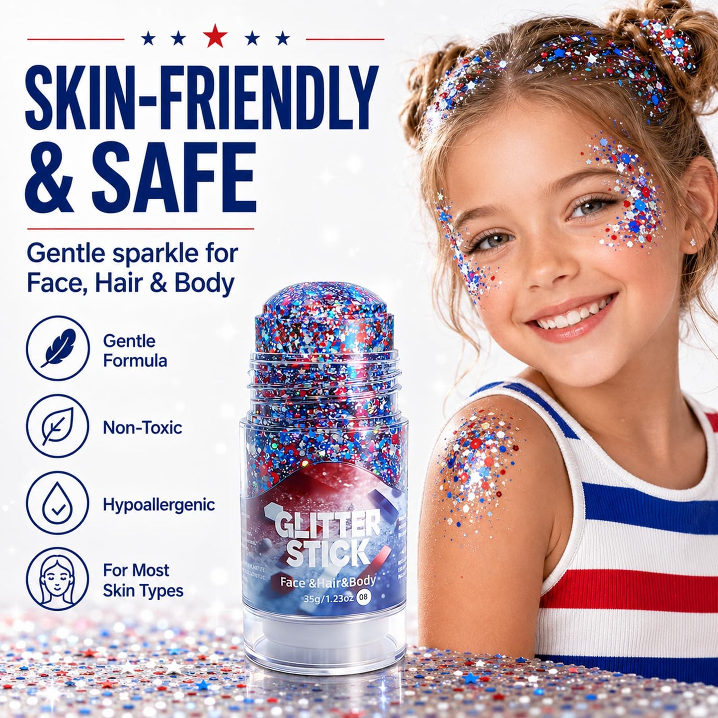 Go Ho 4th of July Glitter Stick,Patriotic Red White and Blue Face Hair Glitter,Fourth of July Accessories & Outfits Women,Sparkling USA Flag Body Glitter for Independence Day 250 Anniversary,1.23oz