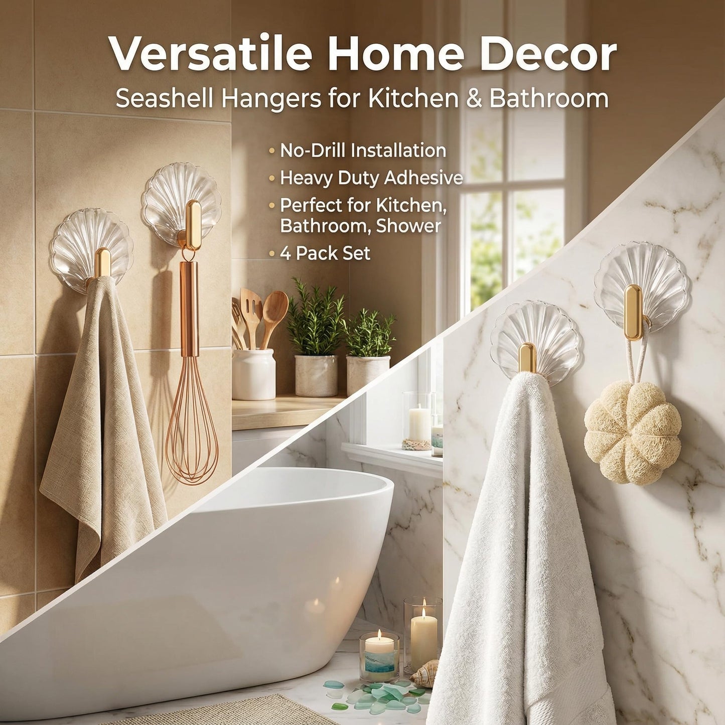 4 Pack Seashell Adhesive Wall Hooks, Decorative Shell Hangers for Towels Keys Jewelry, Heavy Duty No-Drill Hooks for Bathroom Shower Kitchen, Coastal Home Decor Gift (Clear with Gold Hook)