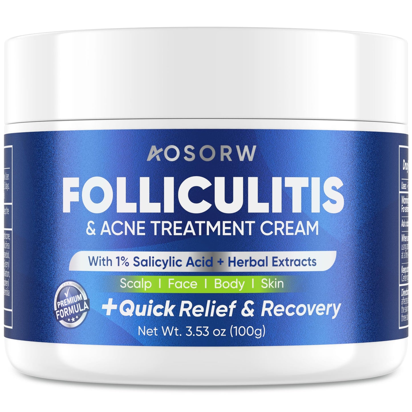 AOSORW Folliculitis & Acne Treatment Cream - 1% Salicylic Acid Acne Treatment - for Face, Scalp & Body - Helps Treat Acne and Prevent New Acne Blemishes - with Herbal Extracts - 3.53 oz (Pack of 1)