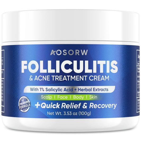 AOSORW Folliculitis & Acne Treatment Cream - 1% Salicylic Acid Acne Treatment - for Face, Scalp & Body - Helps Treat Acne and Prevent New Acne Blemishes - with Herbal Extracts - 3.53 oz (Pack of 1)