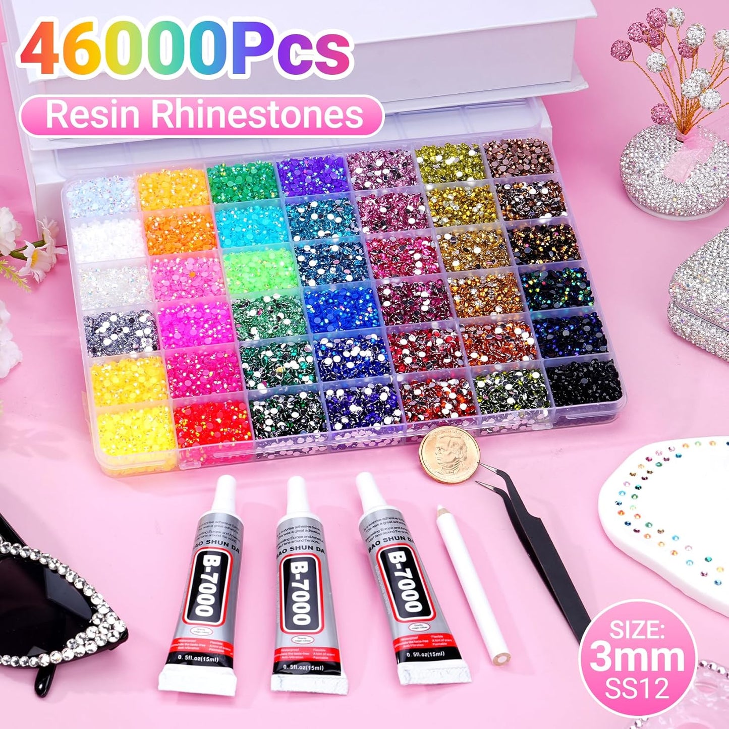 Jelly Rhinestones - 46000 Pcs 42 Colors Flatback Gems for Crafting | 3mm Multicolor with B7000 Glue