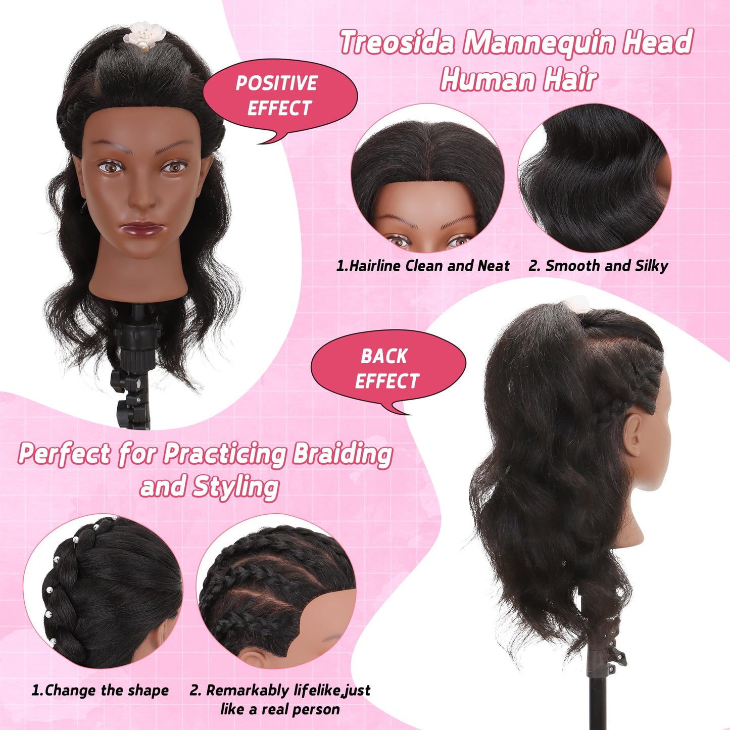 Mannequin Head 100% Human Hair Manikin for Braiding Styling Doll Head 18"