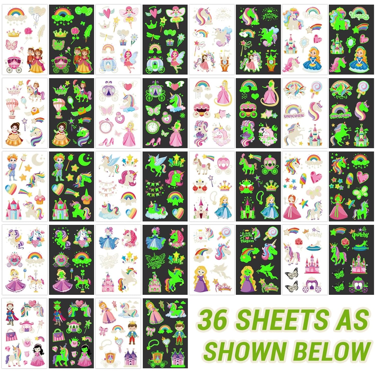 Glow Unicorn Princess Temporary Tattoos - 252+ PCS Luminous Stickers for Kids | Rainbow Castle & Fairy Theme Party Favors