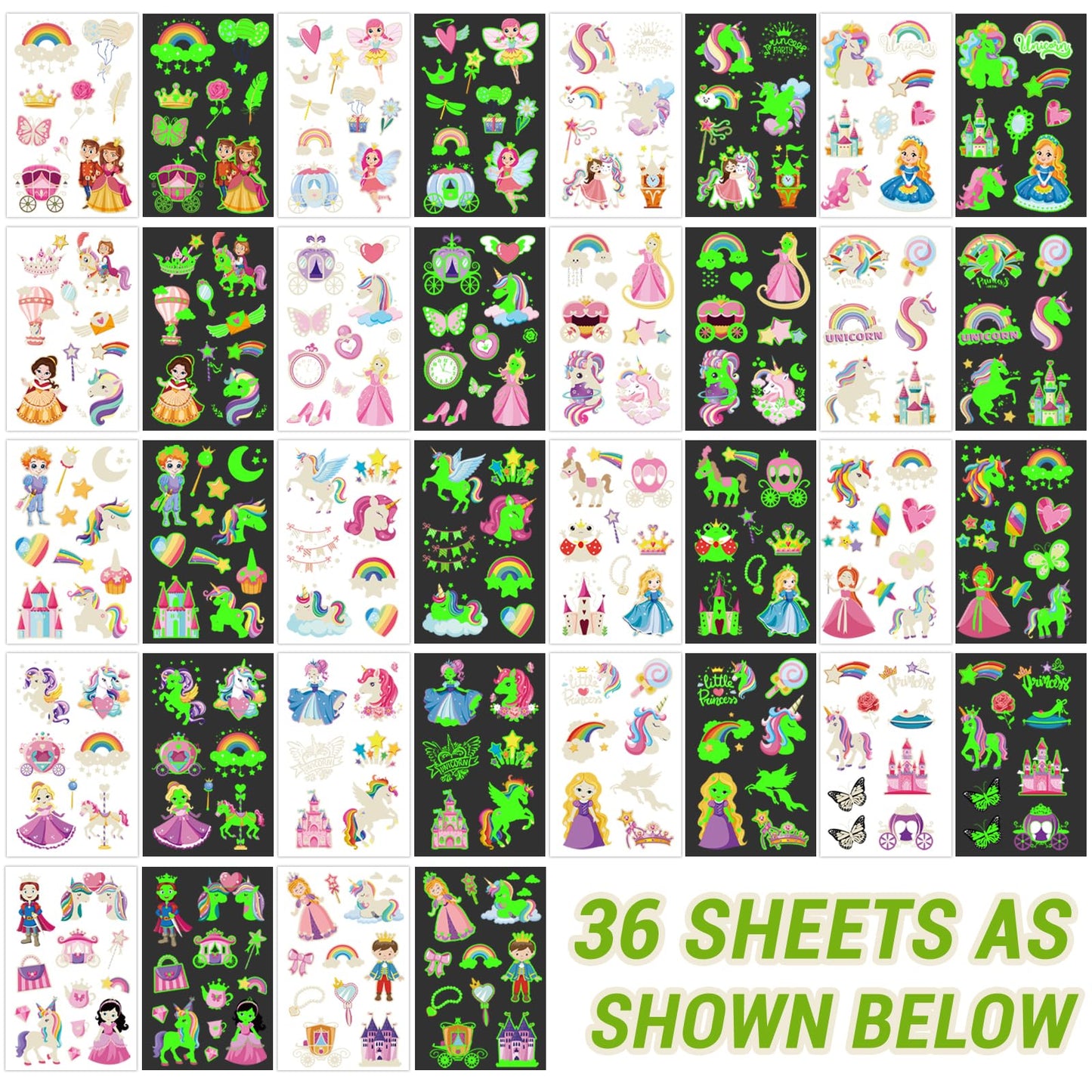 252+ PCS Glow Unicorn Princess Temporary Tattoo for Kids, 36 Sheets Rainbow Castle Candy Star Prince Fake Tattoos Sticker for Girls Boys, Luminous Birthday Magic Fairy Theme Party Favors Decoration