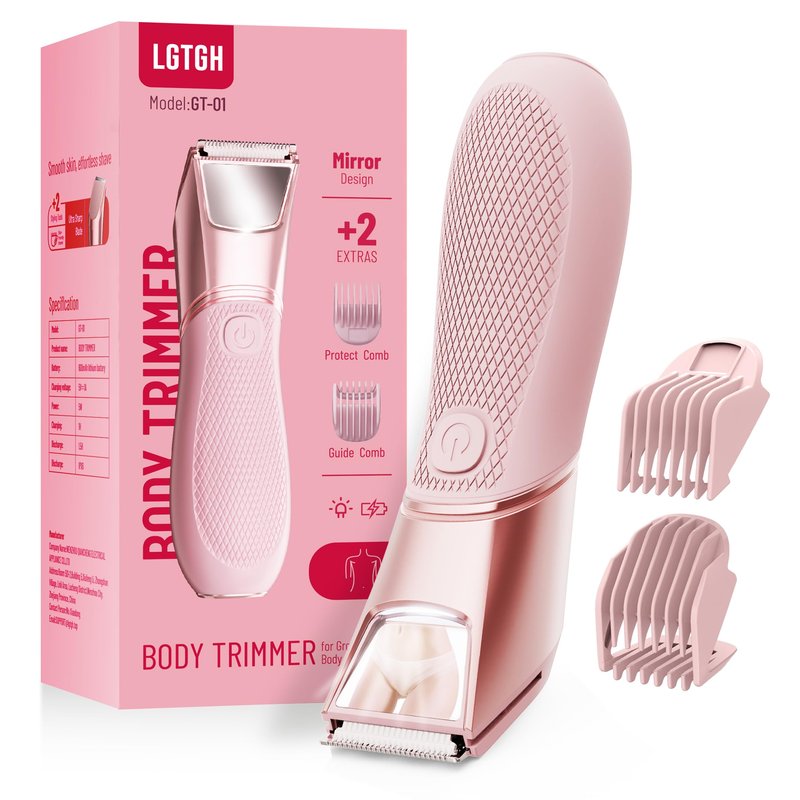 LGTGH Rechargeable Bikini Trimmer for Women: Pubic Hair Razor with Mirror & LED Light - IPX7 Waterproof Electric Shaver, Travel Lock & Ceramic Blades for Legs Underarm - Pinkish