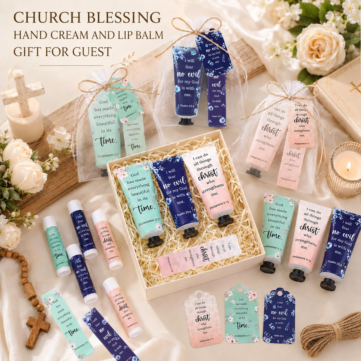 96Pcs 24 Sets Christian Hand Cream and Lip Balm Gift Set Moisturizing Gift Sets With Organza Bag Christian VBS Gifts Bible Verse Bulk Gifts for Teacher Wedding Baby Shower Church Prayers for Women