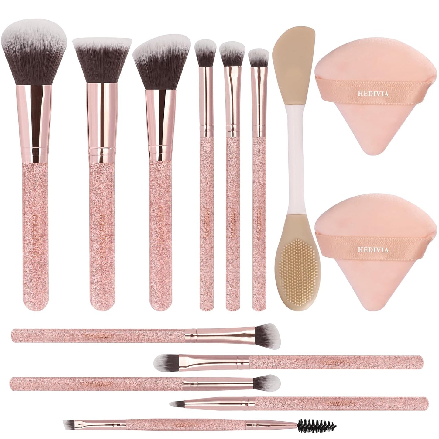 Professional Pink Makeup Brushes Set - 14 Pcs Synthetic Foundation, Concealer & Eyeshadow Brushes | Includes 2 Powder Puffs & Dual-Ended Mask Applicator