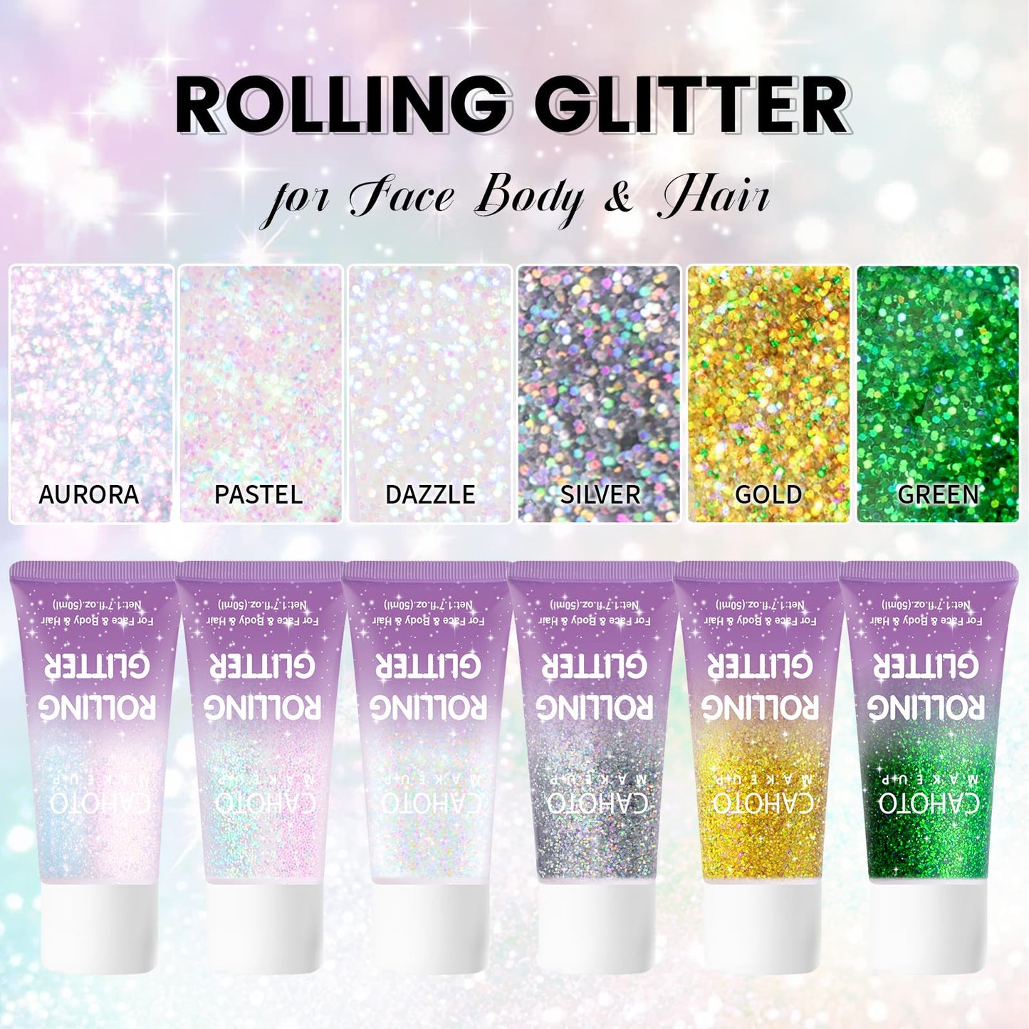 CAHOTO Dazzle Rolling Glitter, Shimmer Gel for Face Body & Hair