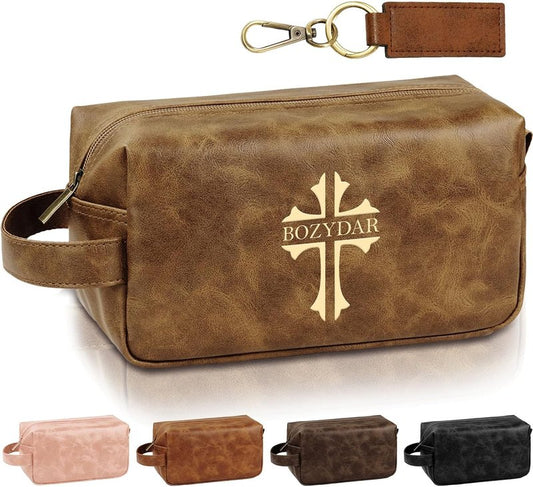Personalized Leather Toiletry Bag - Custom Travel Shaving Kit for Men | Unique Gift for Husband, Dad, Boyfriend (Yellow Brown)