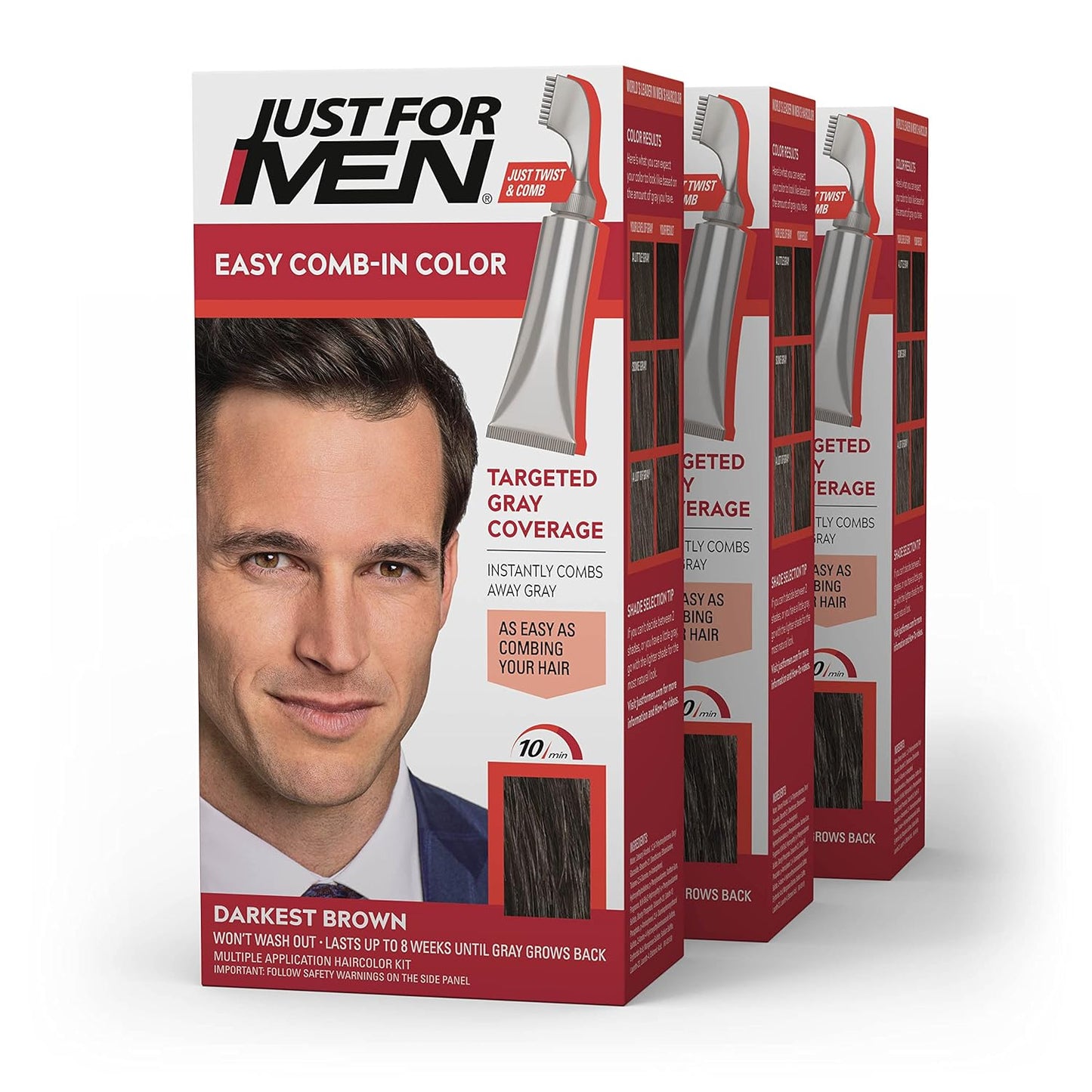 Just For Men Easy Comb-In Color Hair Dye - Darkest Brown, No Mix Applicator, Pack of 3