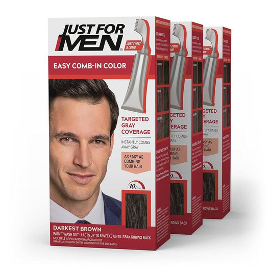 Just For Men Easy Comb-In Color Hair Dye - Darkest Brown, No Mix Applicator, Pack of 3