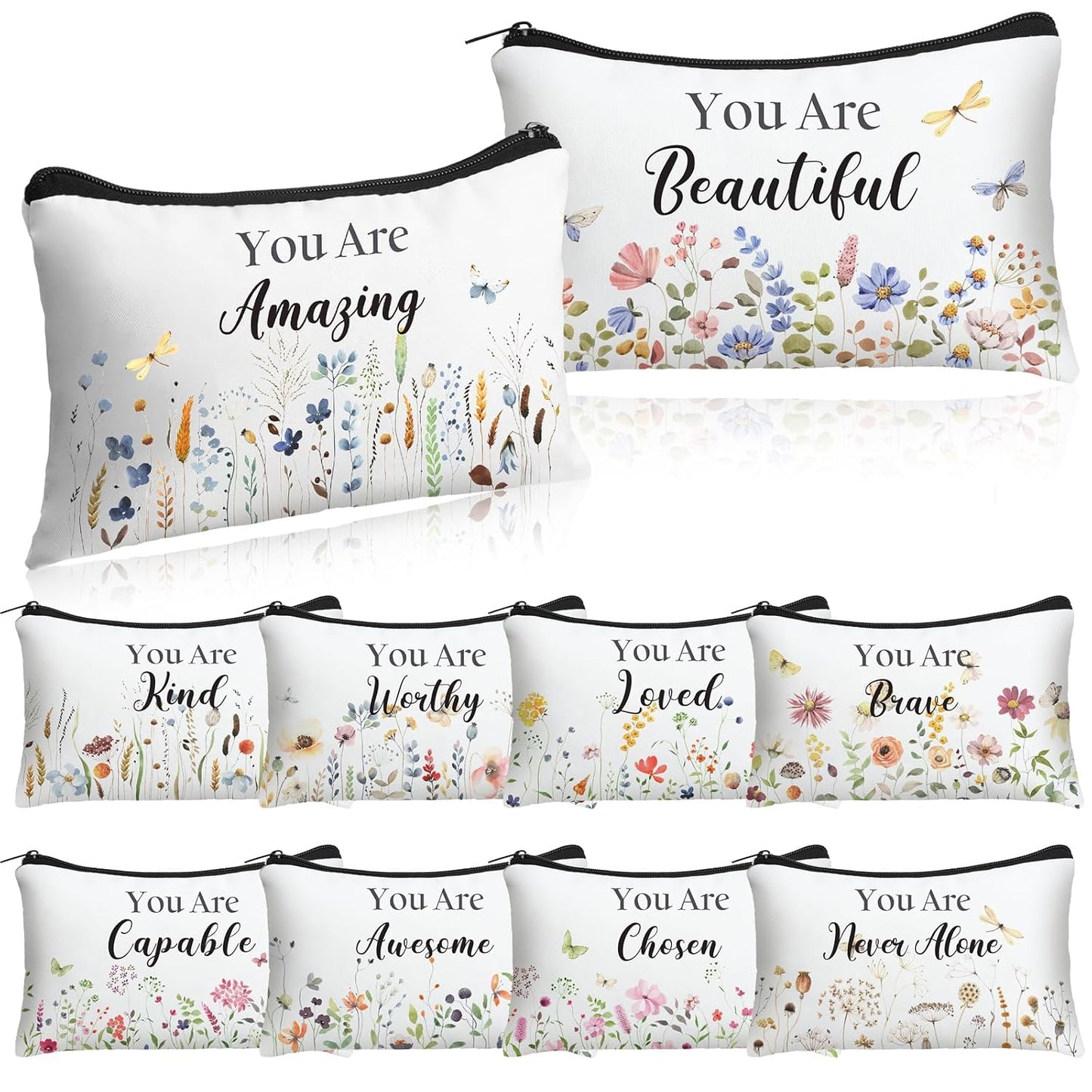 Inspirational Cosmetic Bag Set - 10 Pcs Religious Makeup Pouches for Women | Wildflower & Beige