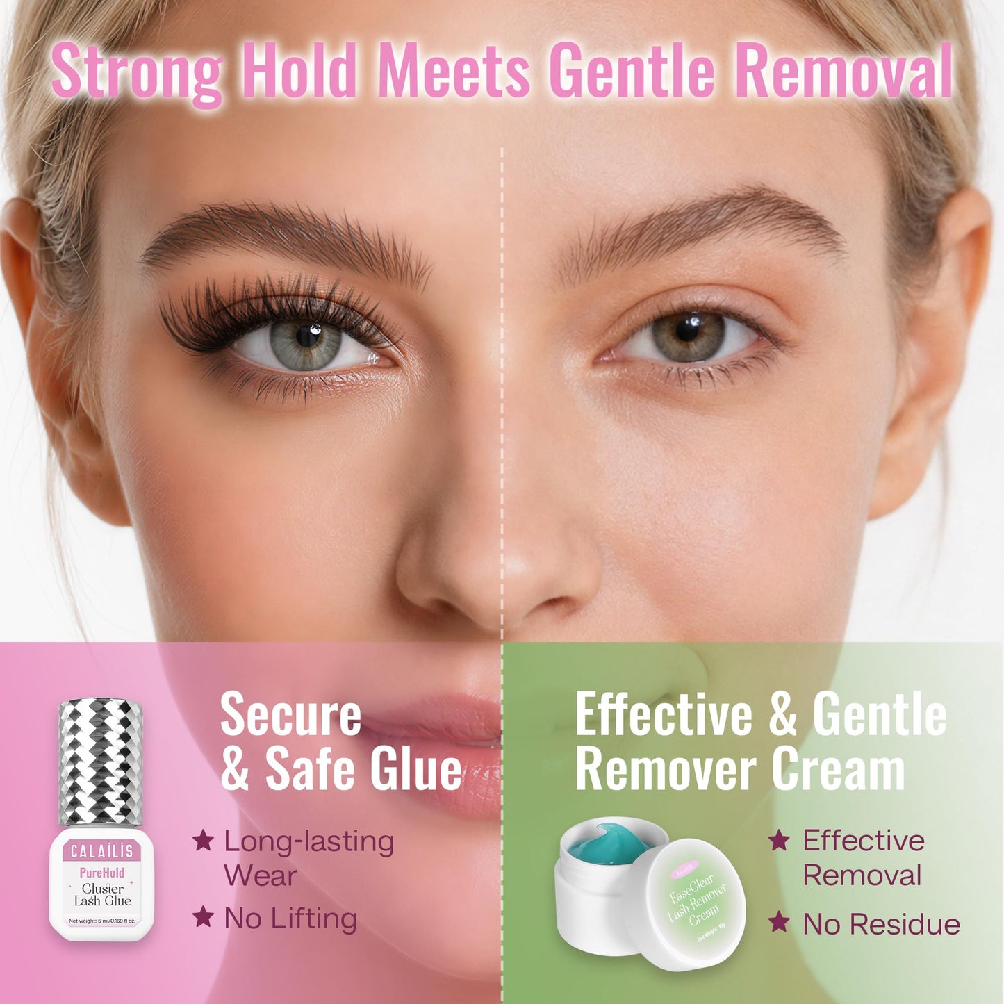 CALAILIS Lash Cluster Glue & Lash Remover Kit, Extra Strong Hold Long Lasting 4+ Weeks Cluster Eyelash Glue, Low Irritation Gentle Aloe Eyelash Remover Cream for Professional Use