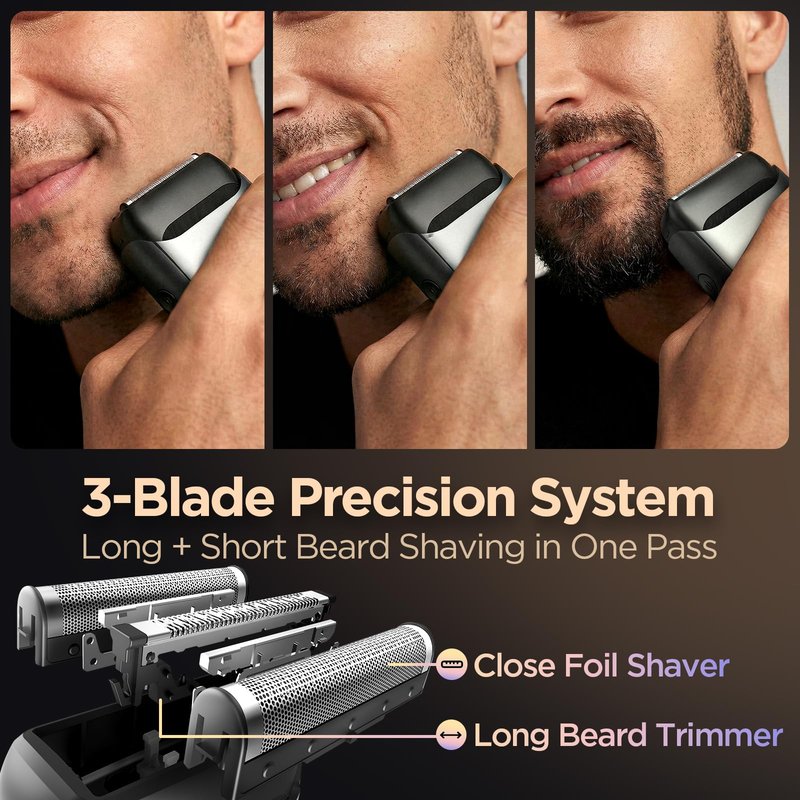 Yineel VT100 Electric Foil Shaver for Men, Pocket-Sized with Case, Sleek Portable Mini Electric Razor, 90mins Runtime, 3 Floating Blades, Travel-Friendly, IPX7 Waterproof, Gifts for Men