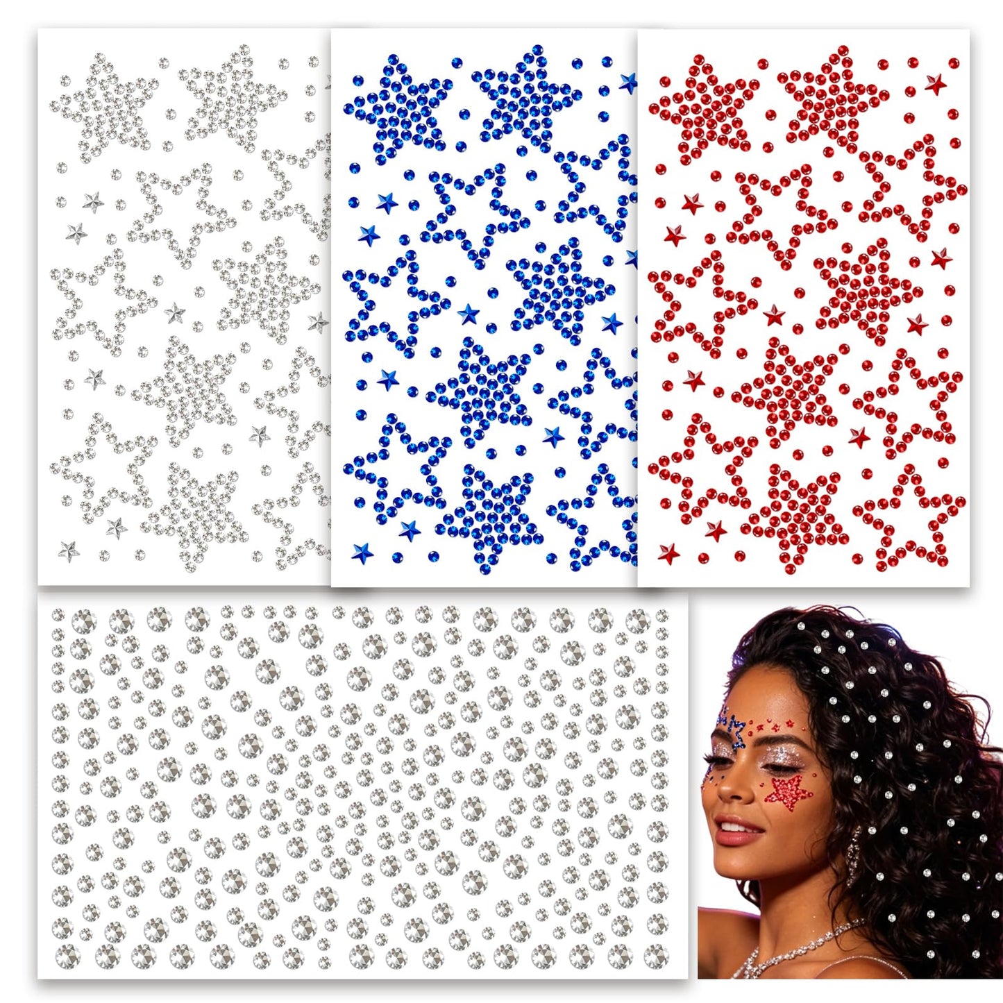 Go Ho 4th of July Star Face Hair Gems,4 Sheets of Self Adhesive Face Jewels for Women,Red White and Blue Gem Stickers Face Eye Rhinestones,Rhinestone Stickers 4th of July Patriotic Gems (02 Style)