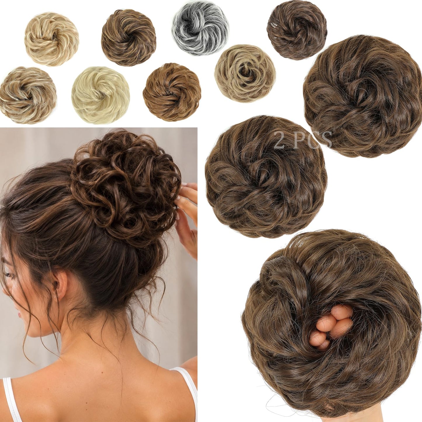 Amchoice Messy Bun Hair Piece 2 Pcs Elastic Wavy Curly Bun Hair Pieces for Women Instant Volume Lightweight Synthetic Chignon Hairpieces for Girls Daily Wear Party Travel(Wood Brown)