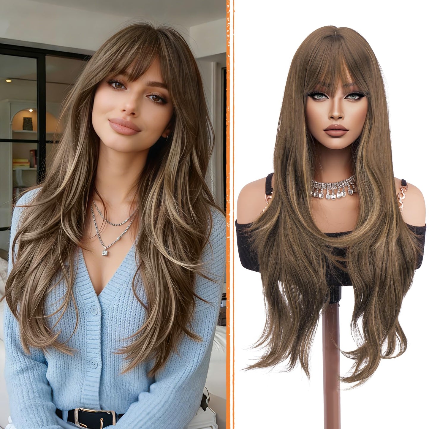 Haloo Blonde Brown Wigs with Bangs - Long Layered Natural Looking Synthetic Heat Resistant Wavy Hair Wigs for Women Daily Party, 26 Inch Blonde Mixed Brown