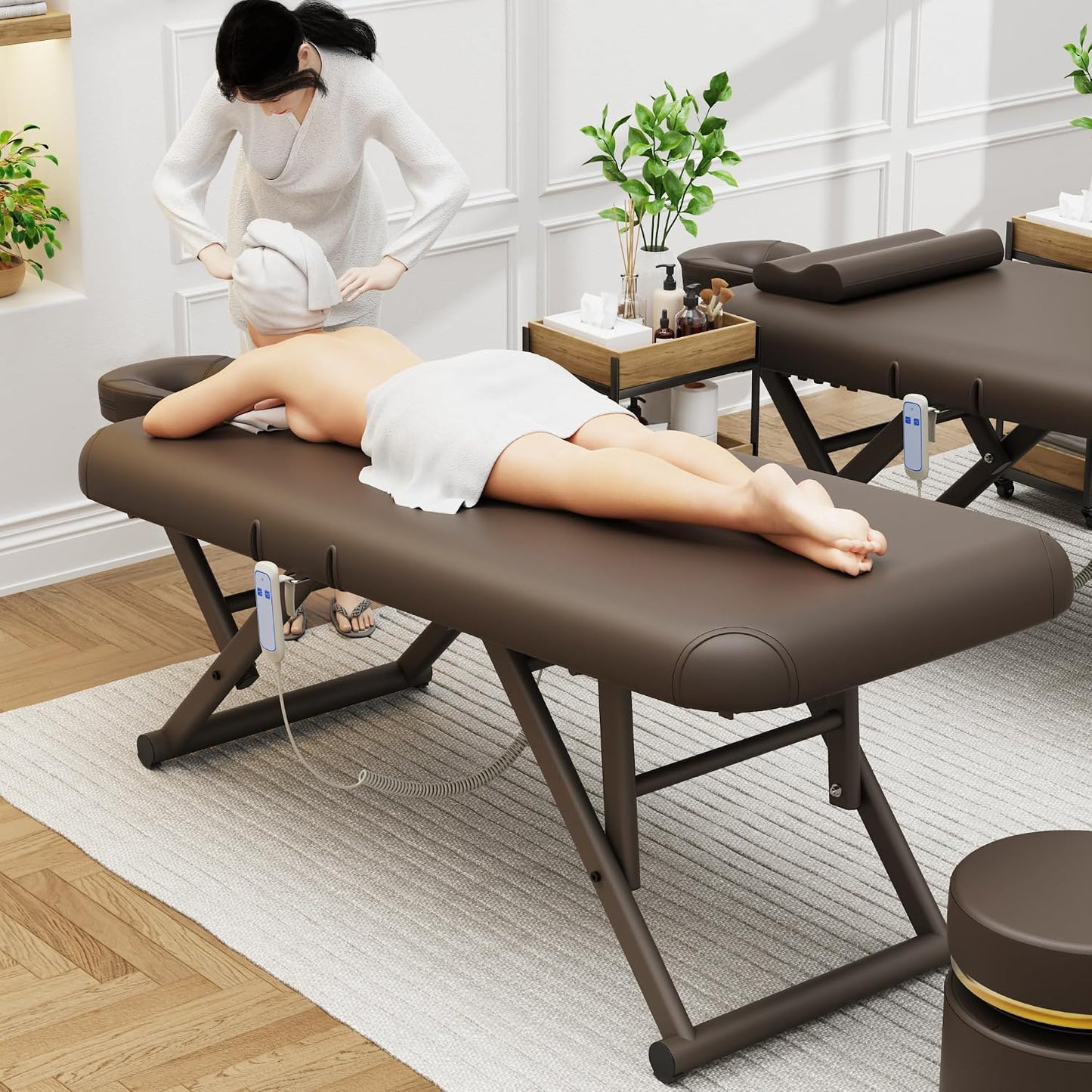 Adjustable Massage Table - Manual Height & Backrest Control, Face Pillow & Headrest | Brown Spa Treatment Bed