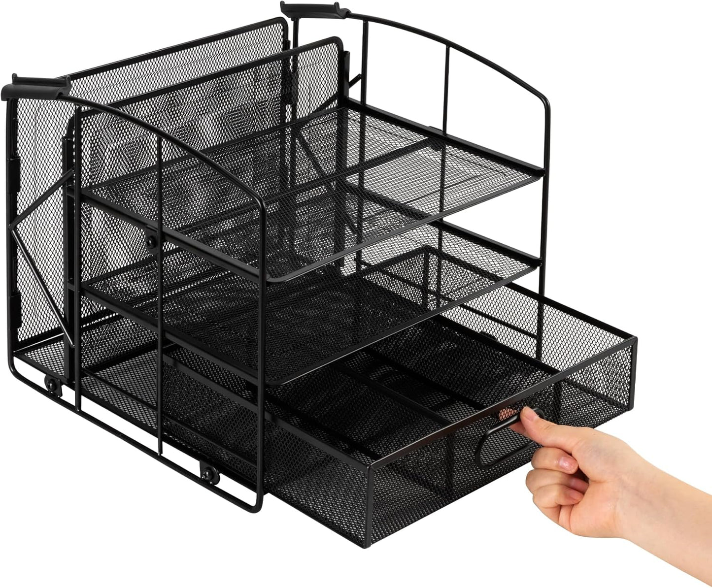 Sturdy Rectangular Desktop Organizer - 3 Trays, Sliding Drawer & File Holder | Black Office Supply Storage