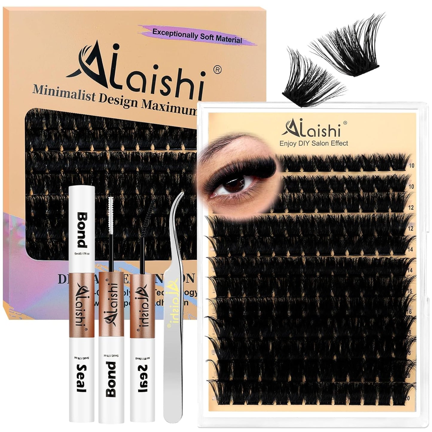 DIY Cluster Eyelash Extensions Kit - 224pcs Fluffy D Curl Lashes | 9-16mm, Bond & Seal, Tweezers Included