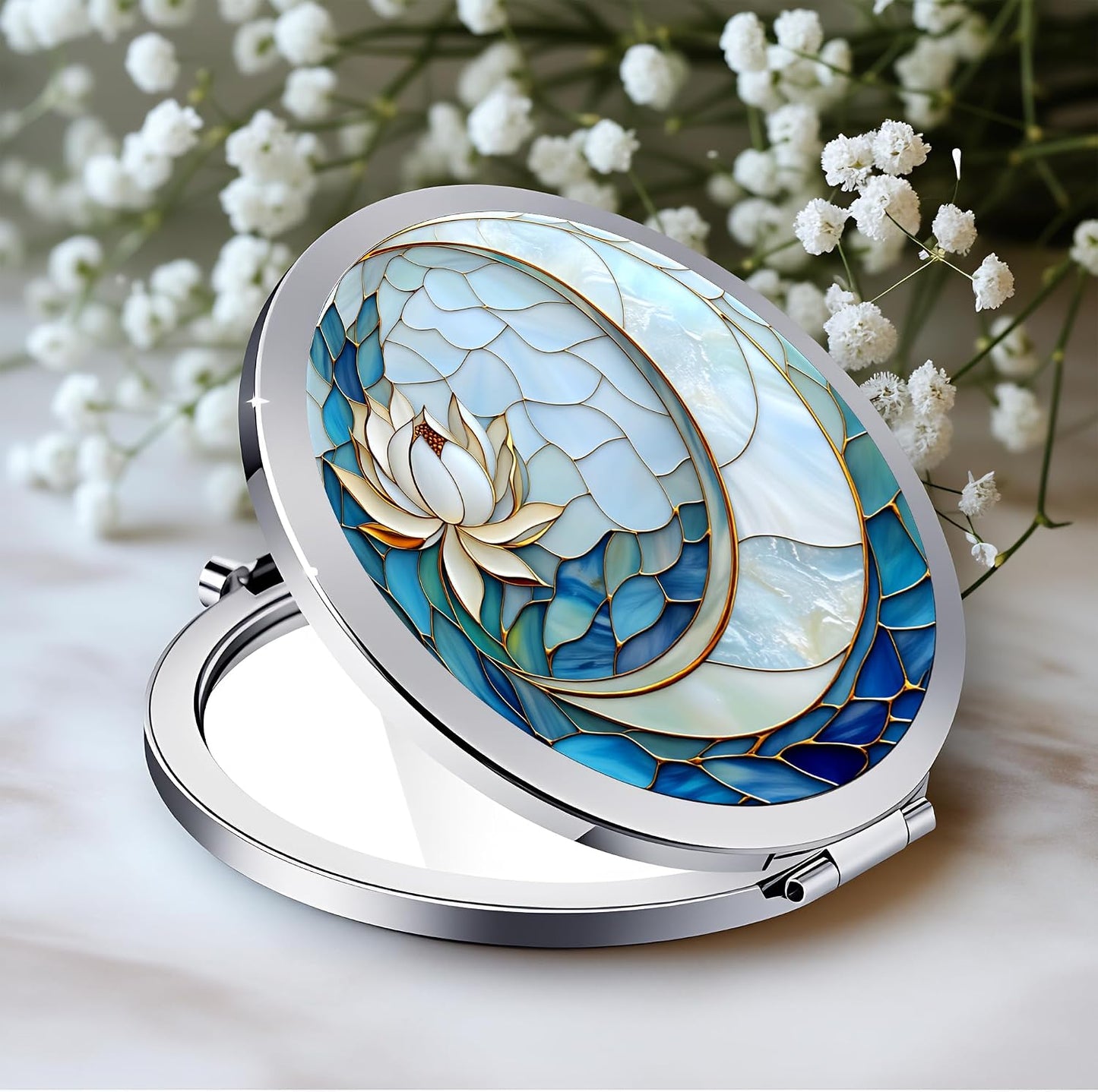 Compact Double-Sided Makeup Mirror - Silver Folding Design with Blue Lotus Moon | 2.8x2.8 Inch Gift for Women